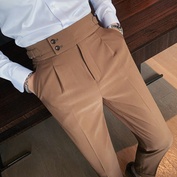 Gotmes   New Design Men High Waist Trousers Solid England Business Casual Suit Pants Belt Straight Slim Fit Bottoms White Clothing
